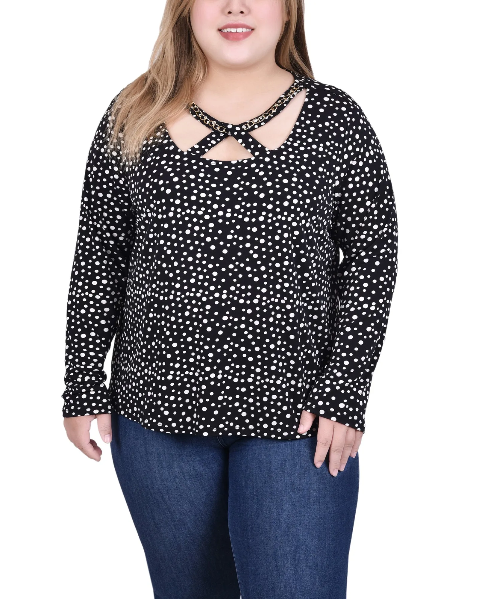 Ribbed Knit Fabric Long Sleeve Jeweled Neck Top