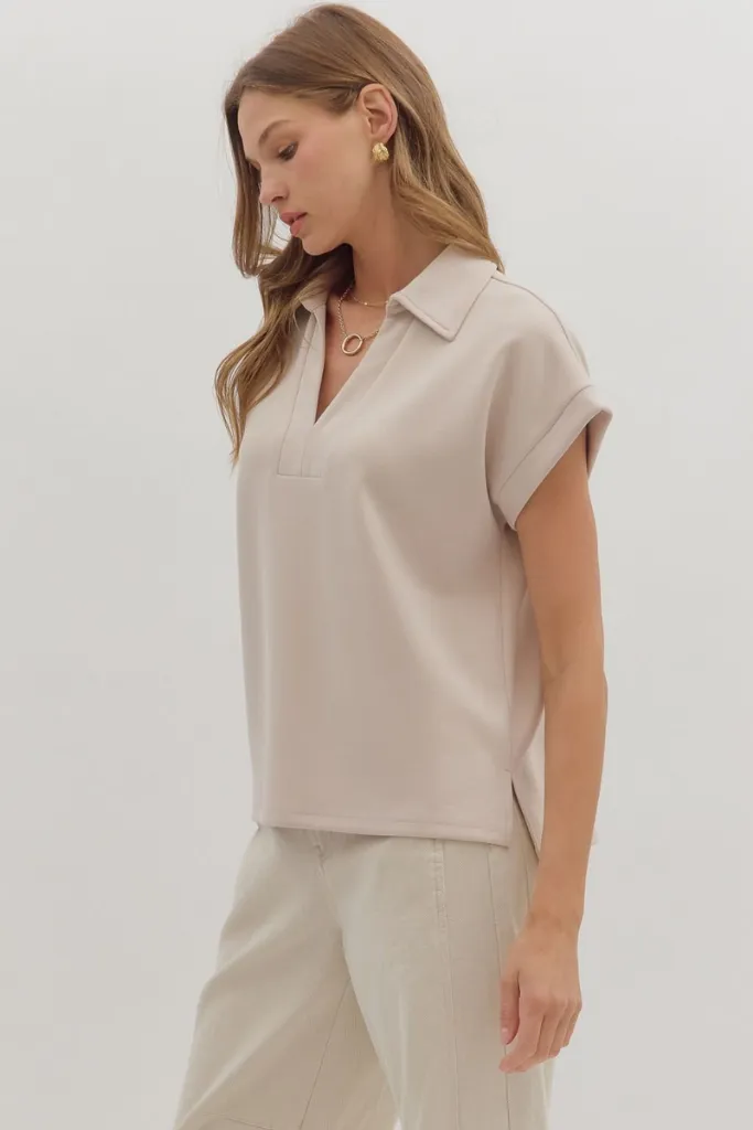 Maeve Scube Short Sleeve Top in Oatmeal Wrinkle Resistant Treatment