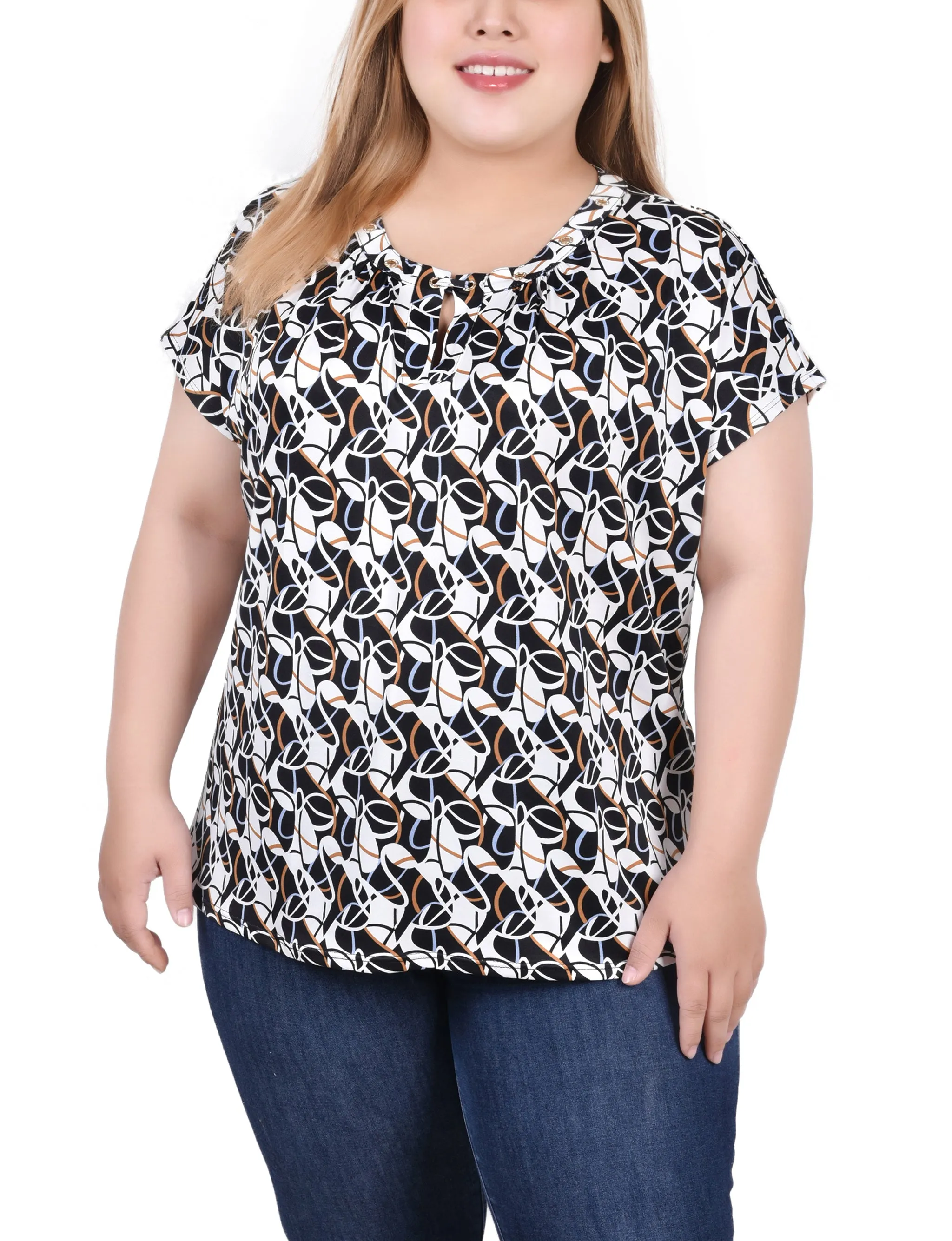 Plus Size Extended Sleeve Top With Grommets Resilient Elasticity Two Tone Texture Effect