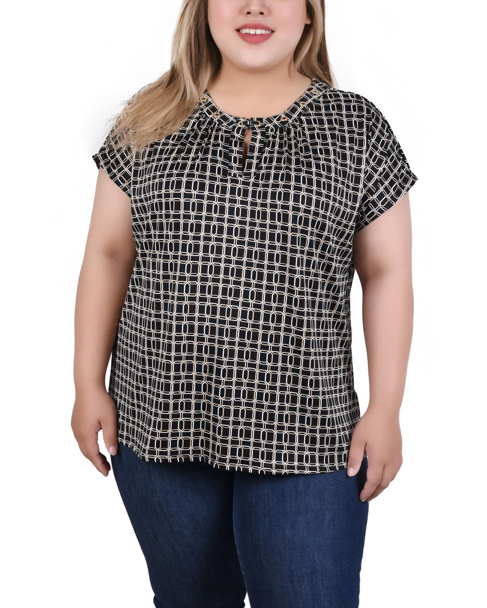Reinforced Hem Stitching Plus Size Extended Sleeve Top With Grommets