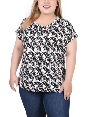 Plus Size Extended Sleeve Top With Grommets Resilient Elasticity Two Tone Texture Effect