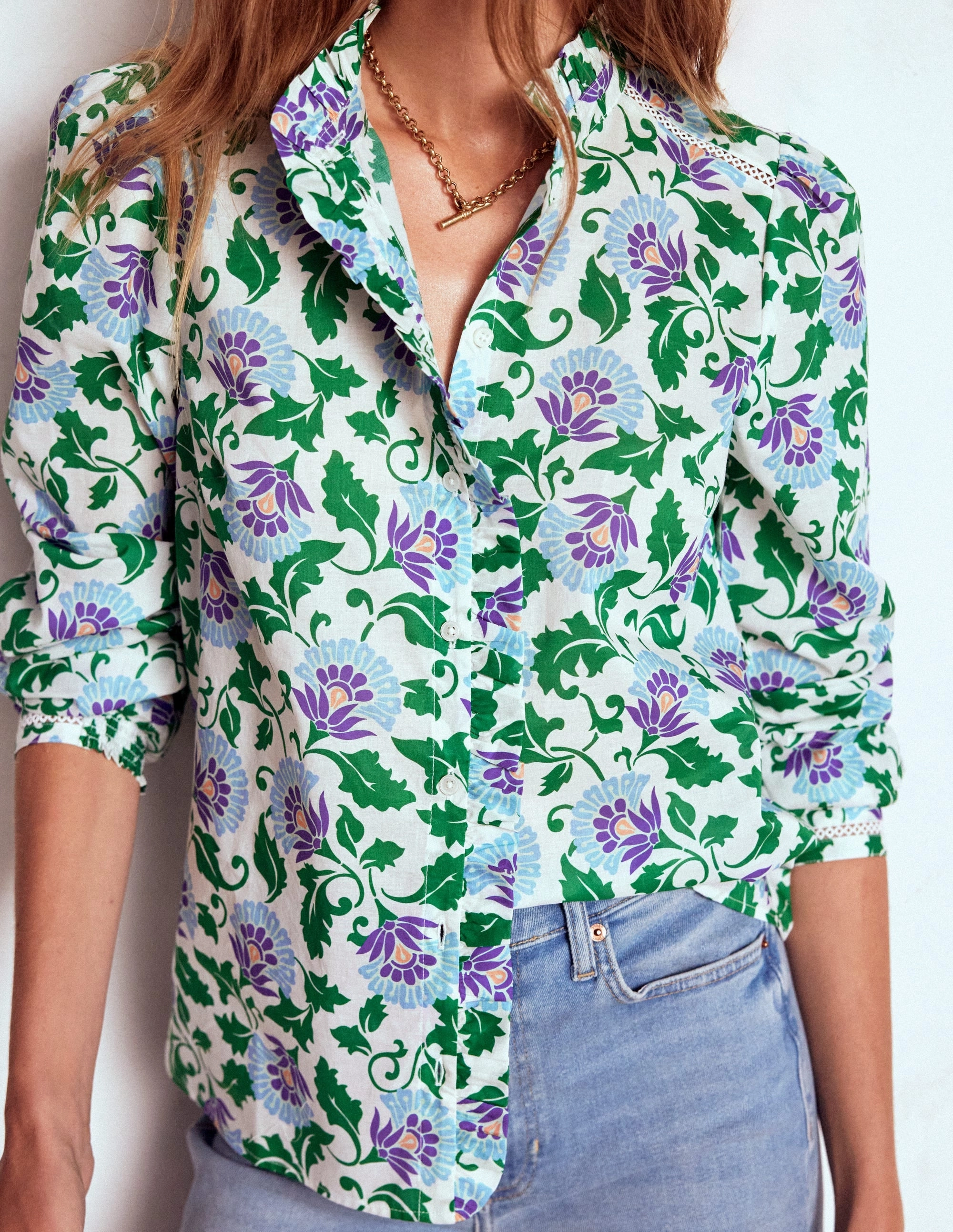 Helena Cotton Top-Rich Emerald, Ornate Vine Natural Fiber Blend High Neck Design