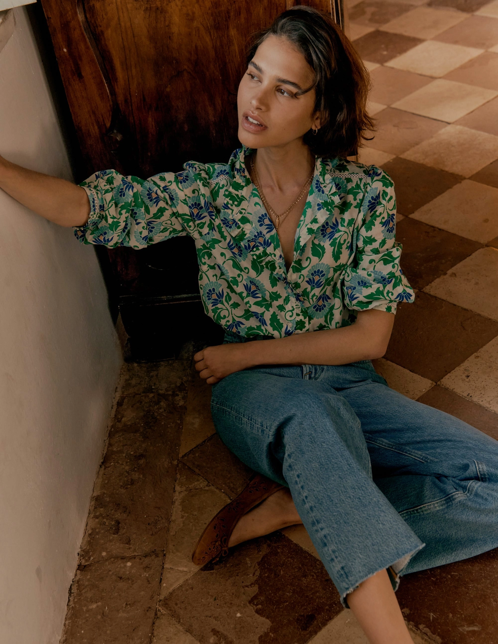Helena Cotton Top-Rich Emerald, Ornate Vine AntiMicrobialLining