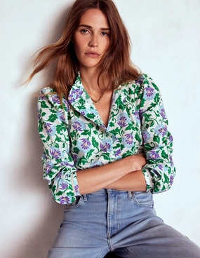 Ergonomic Shoulder Shape Minimalist Collar Helena Cotton Top-Rich Emerald, Ornate Vine