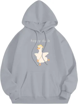 Heevina Hoodies For Women Cute Happy Duck Goose Printed Pockets Loose Hooded Sweatshirts Fall 2024
