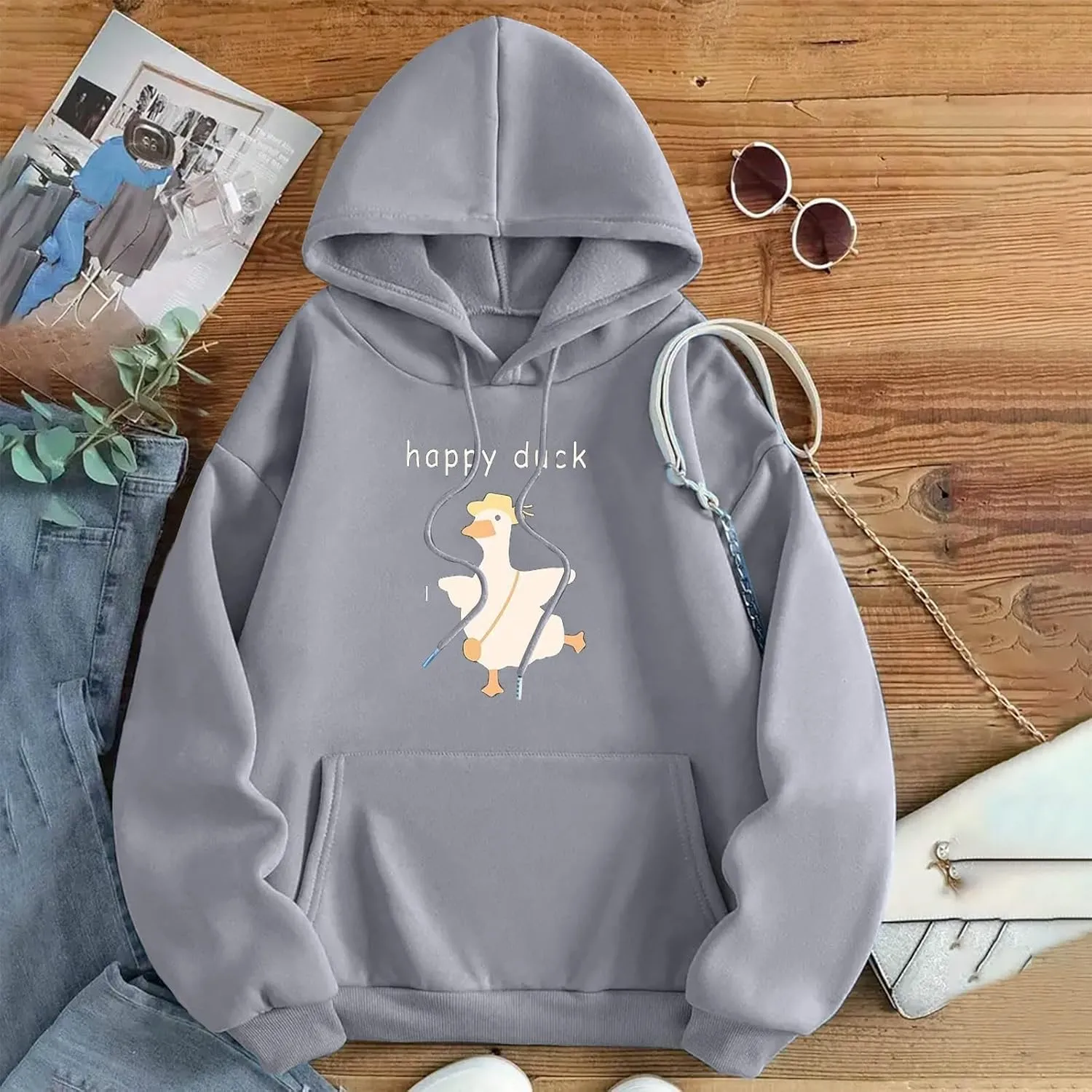 Heevina Hoodies For Women Cute Happy Duck Goose Printed Pockets Loose Hooded Sweatshirts Fall 2024