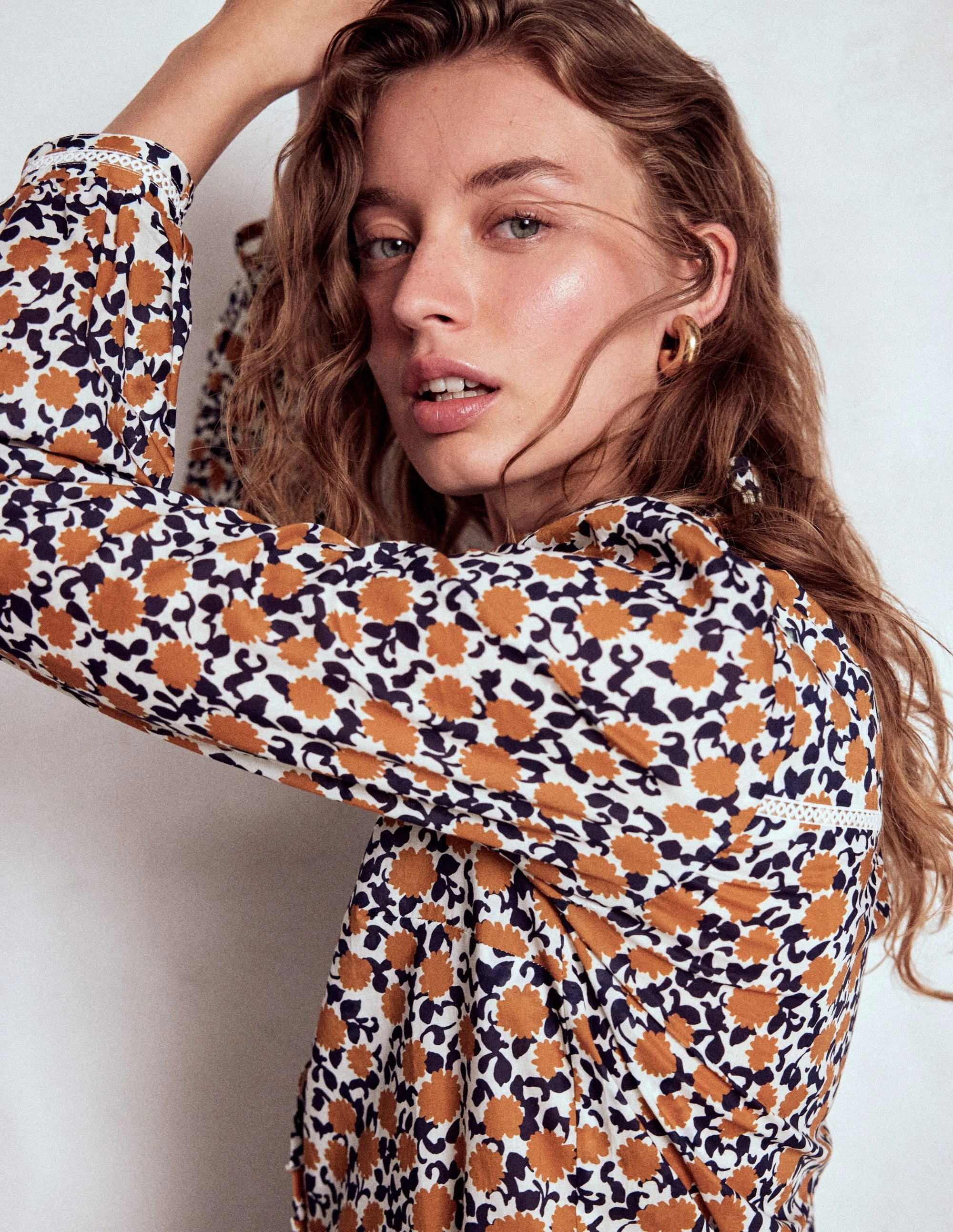 NoiseReduciting Zipper Helena Cotton Top-Cognac, Floweret Vine
