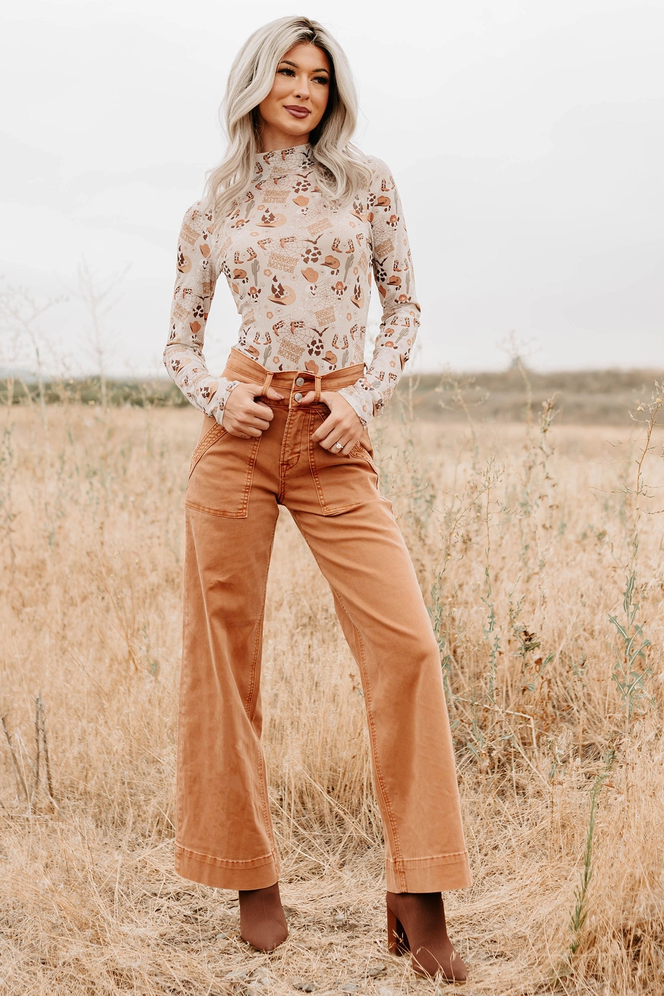 QuickReleaseFastenings Henley Wide Leg Mica Denim Jeans (Cinnamon)