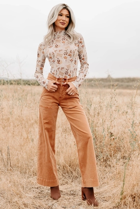 Versatile Layering Cut TactileWeave Henley Wide Leg Mica Denim Jeans (Cinnamon)