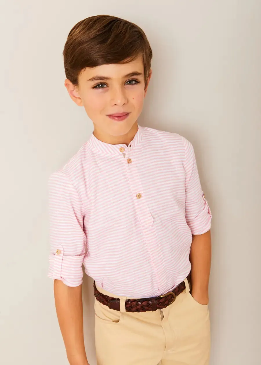 Hertford Striped Mao Collar Long Sleeve Shirt in Coral (12mths-10yrs)