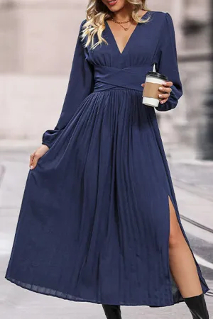 Vibrant Aesthetic WOMEN LOOSE FIT V NECK LONG SLEEVE SLIT DRESS