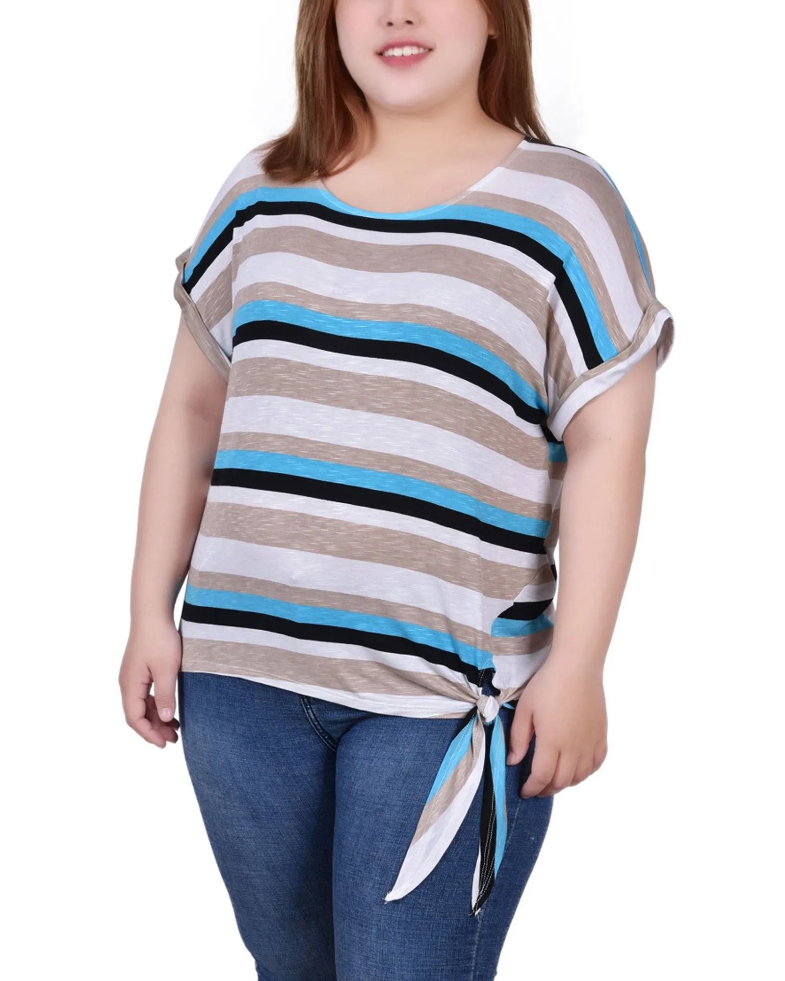 Plus Size Short Sleeve Tie Front Top Ventilated Panels Elegant Look