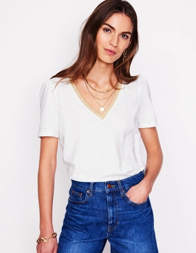Metallic Trim V Neck T-shirt-White NoTagLabel ZeroWaste Construction