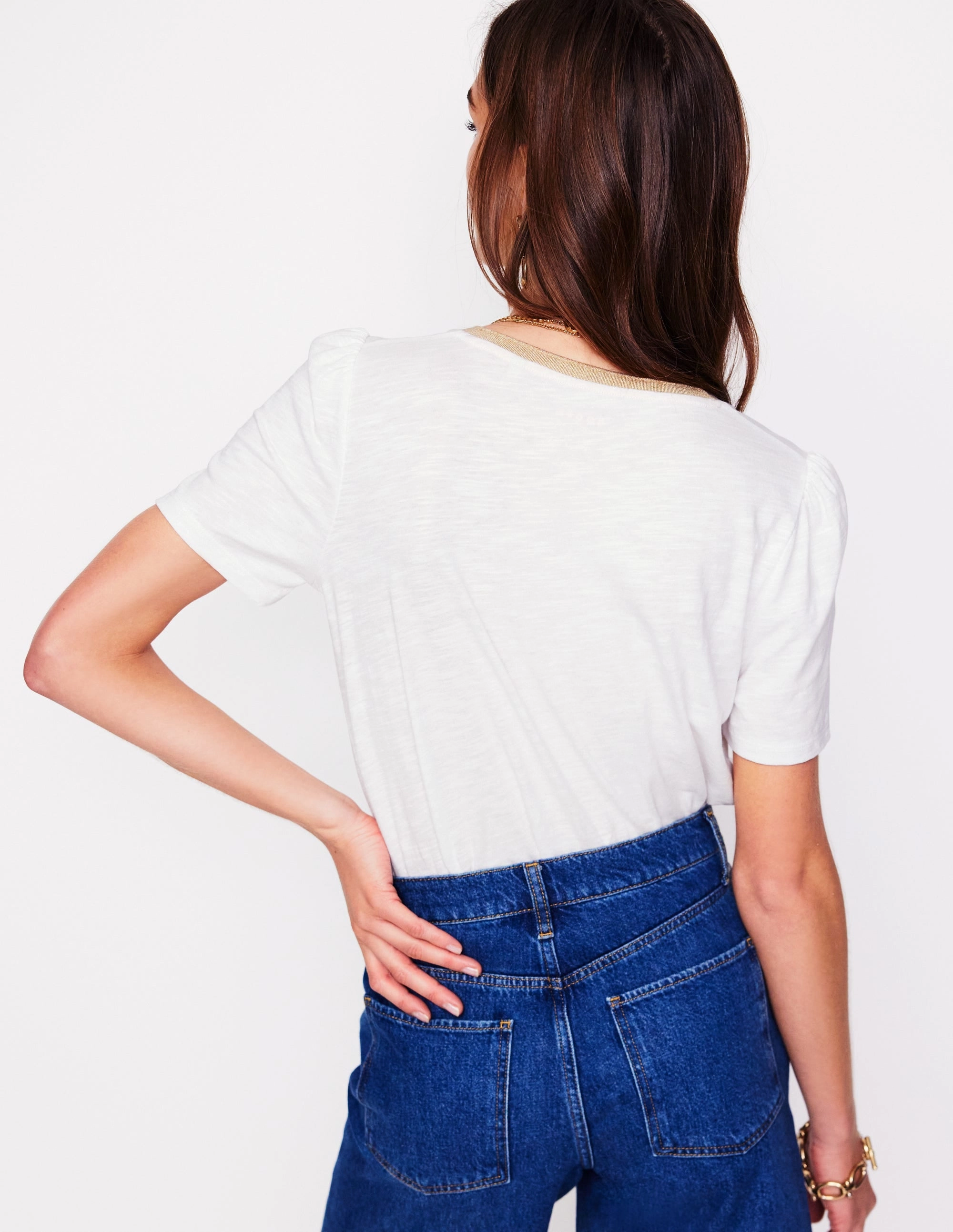 WaterResistant Metallic Trim V Neck T-shirt-White