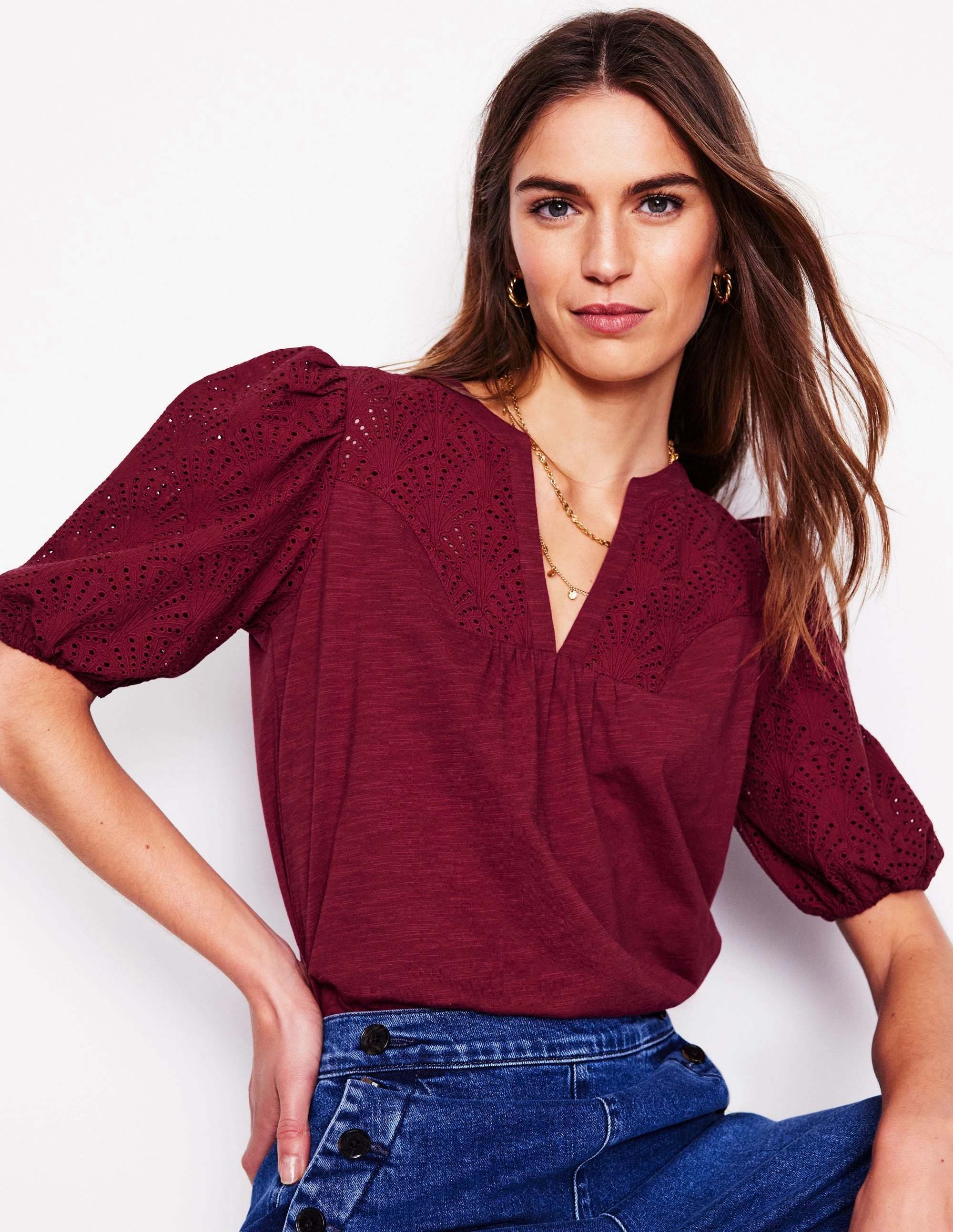 Butter Soft Handfeel FlexibleRibbing Dolly Broderie Top-Garnet Red