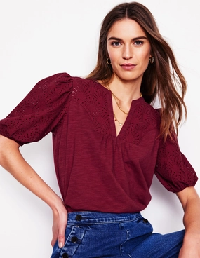 Butter Soft Handfeel FlexibleRibbing Dolly Broderie Top-Garnet Red