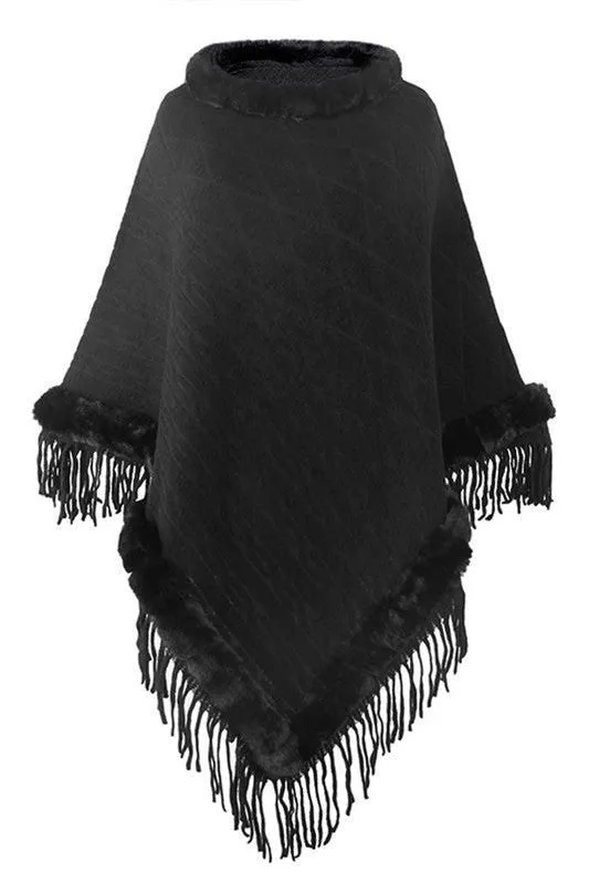 FURRY COLLAR SOLID COLOR KNITTED CLOAK SHAWL Casual Style EasyCareFabric