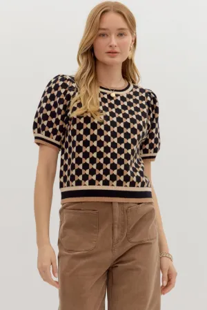 Printed Blouse Regular Fit Fawn Argyle Short Sleeve Sweater in Black