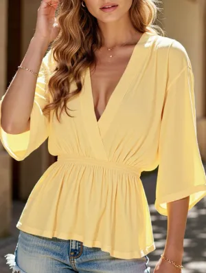 Solid Color Deep V-Neck Loose Waist Blouse ??Casual Boho Long Sleeve Top LaserCutVents