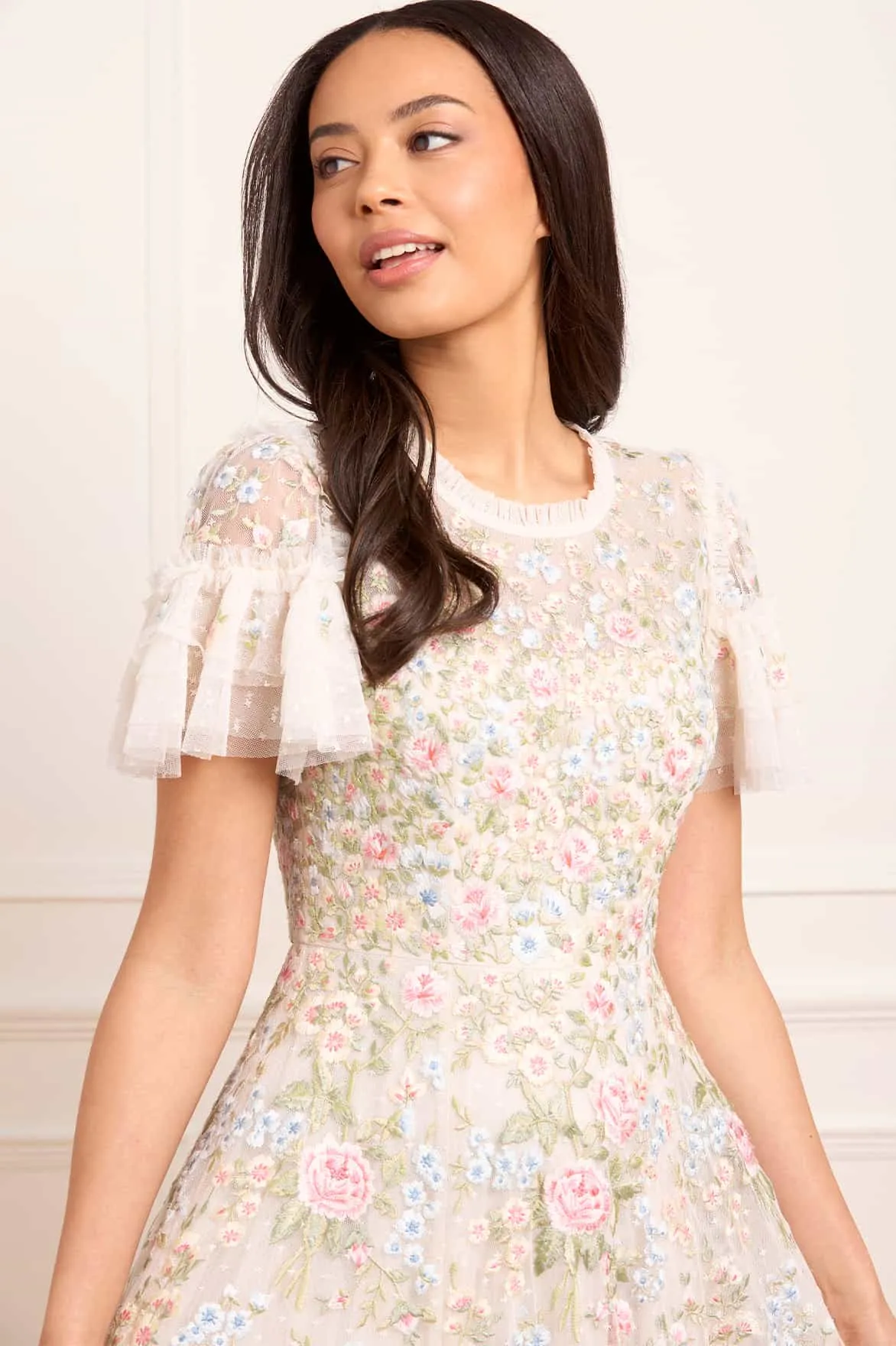 Flexible Fabric Bohemian-Style Antoinettes Floral Round Neck Ankle Gown