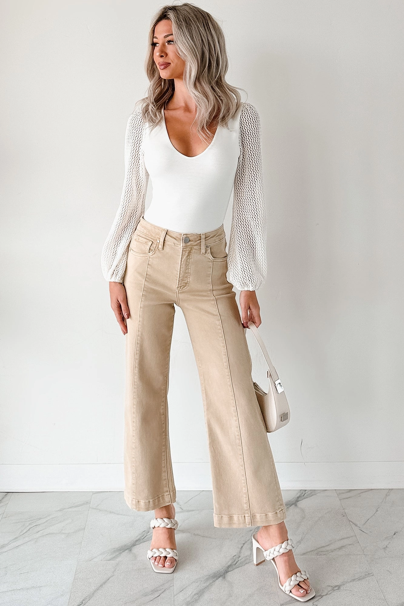 wrinkle free finish AthleisureCompatible Maizie Tummy Control Wide Leg Cropped Risen Jeans (Latte)