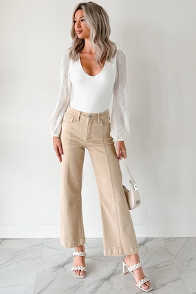 Maizie Tummy Control Wide Leg Cropped Risen Jeans (Latte) Comfortable Style DoubleNeedle Stitching