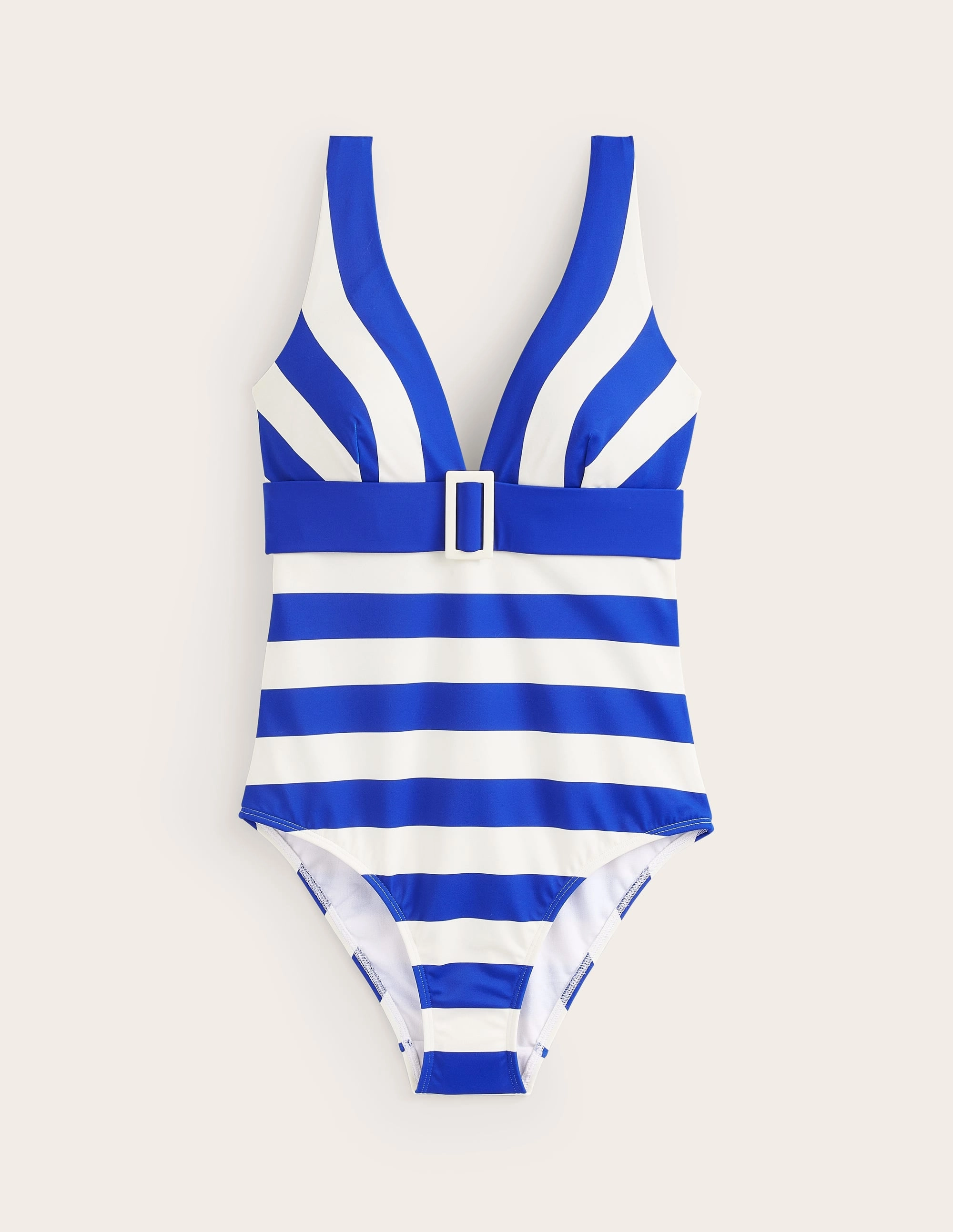 Coastal Fun Wide Shoulder Straps Resin Buckle V-neck Swimsuit-Blue/Ivory Stripe