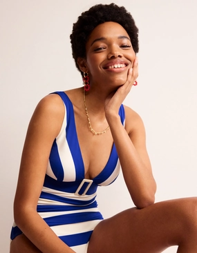 Neutral Buoyancy Fabric Ring-Details Resin Buckle V-neck Swimsuit-Blue/Ivory Stripe