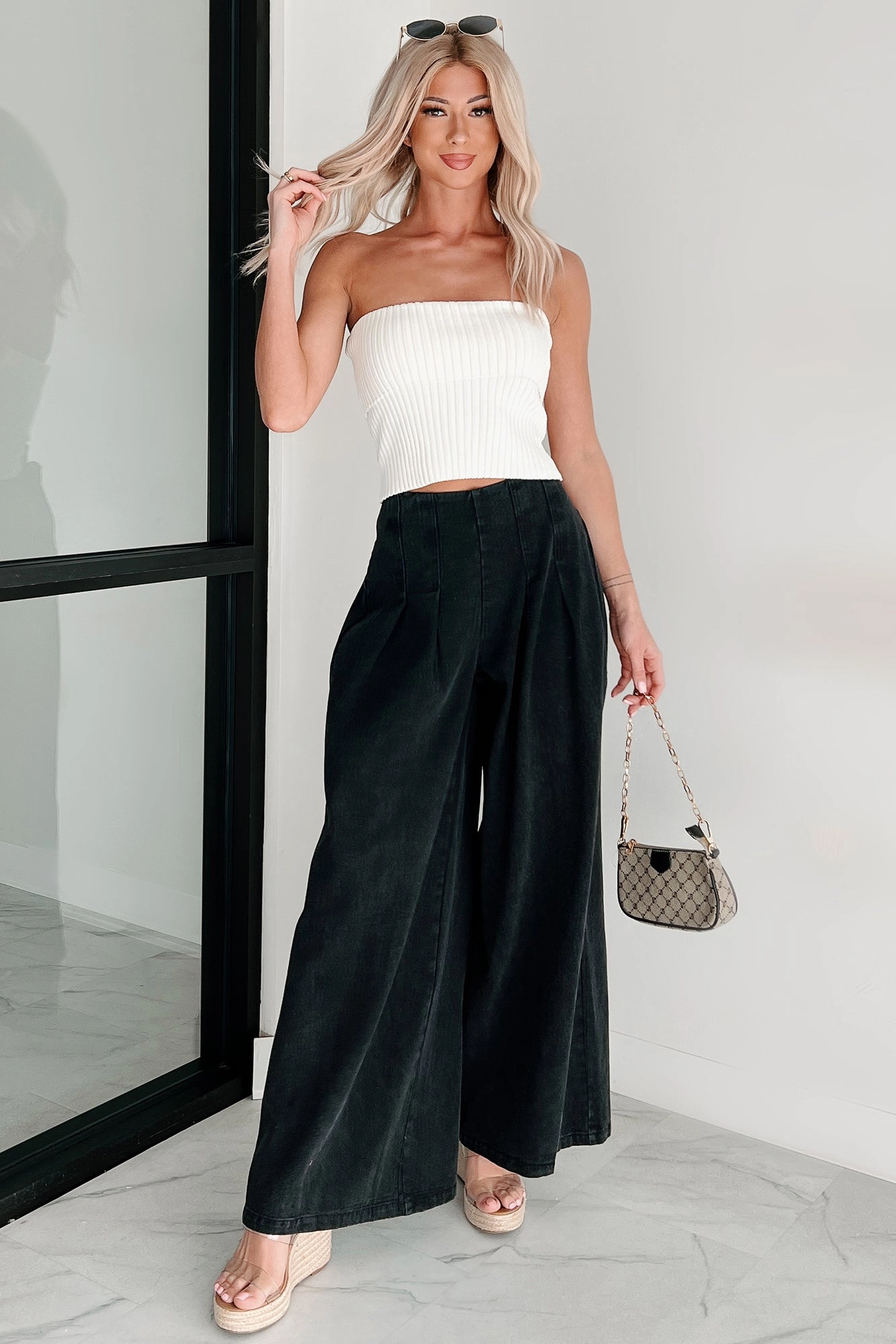 High On Life Wide Leg Pleated Denim Pants (Black) Cozy Wear Supportive Fit
