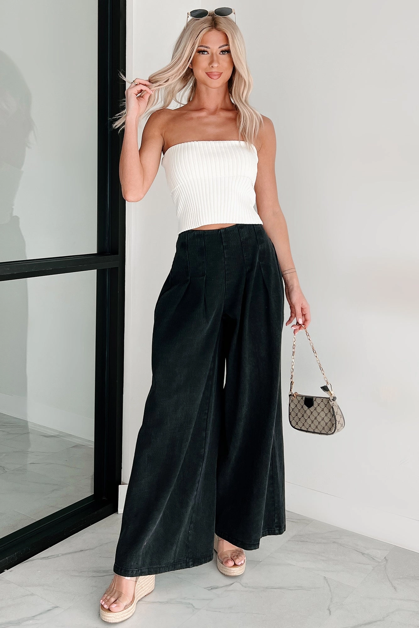 NonSlipInnerGrip High On Life Wide Leg Pleated Denim Pants (Black)