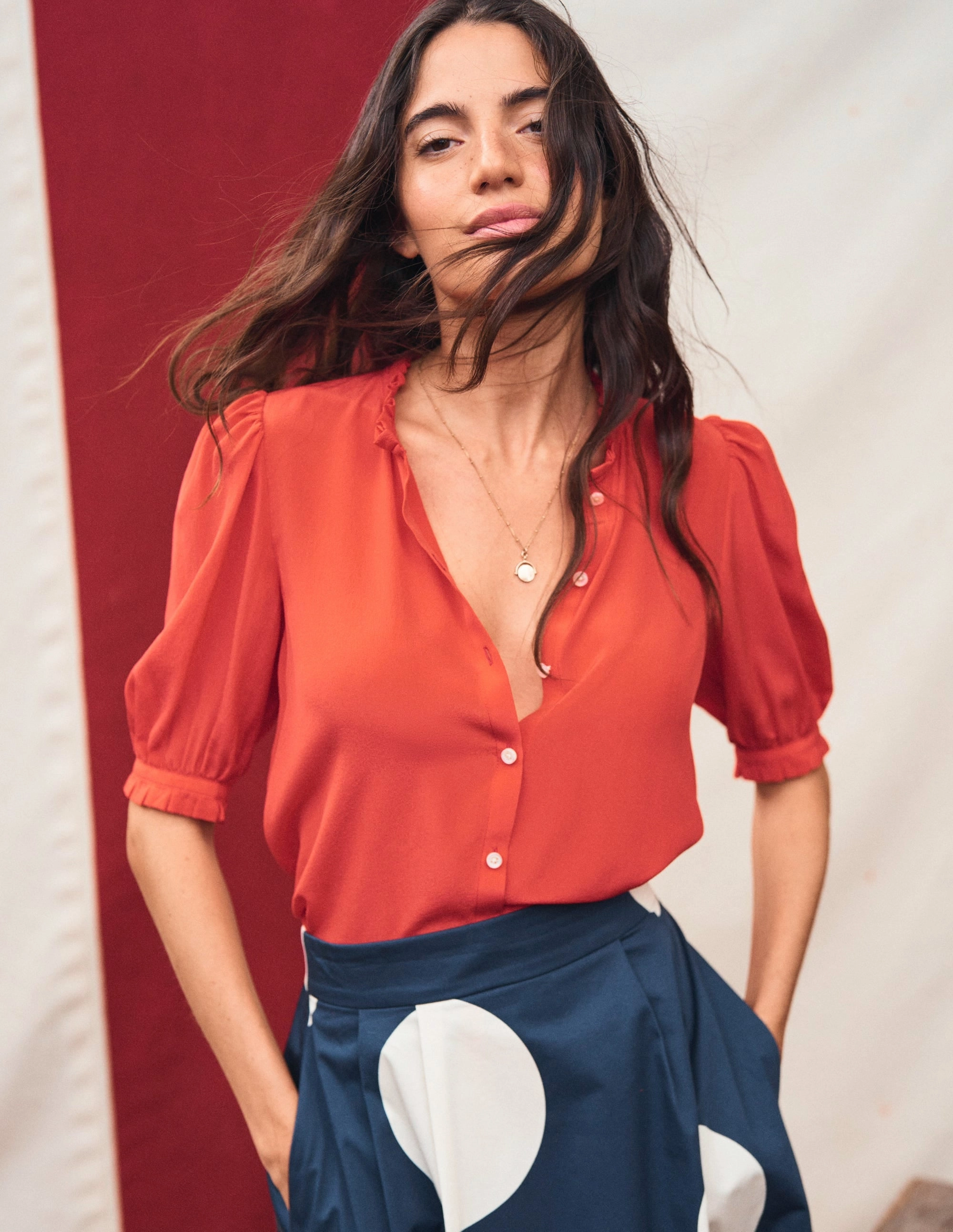 Frill Detail Silk Top-Poppy Red FlexibleNeckline ZonalVentilation