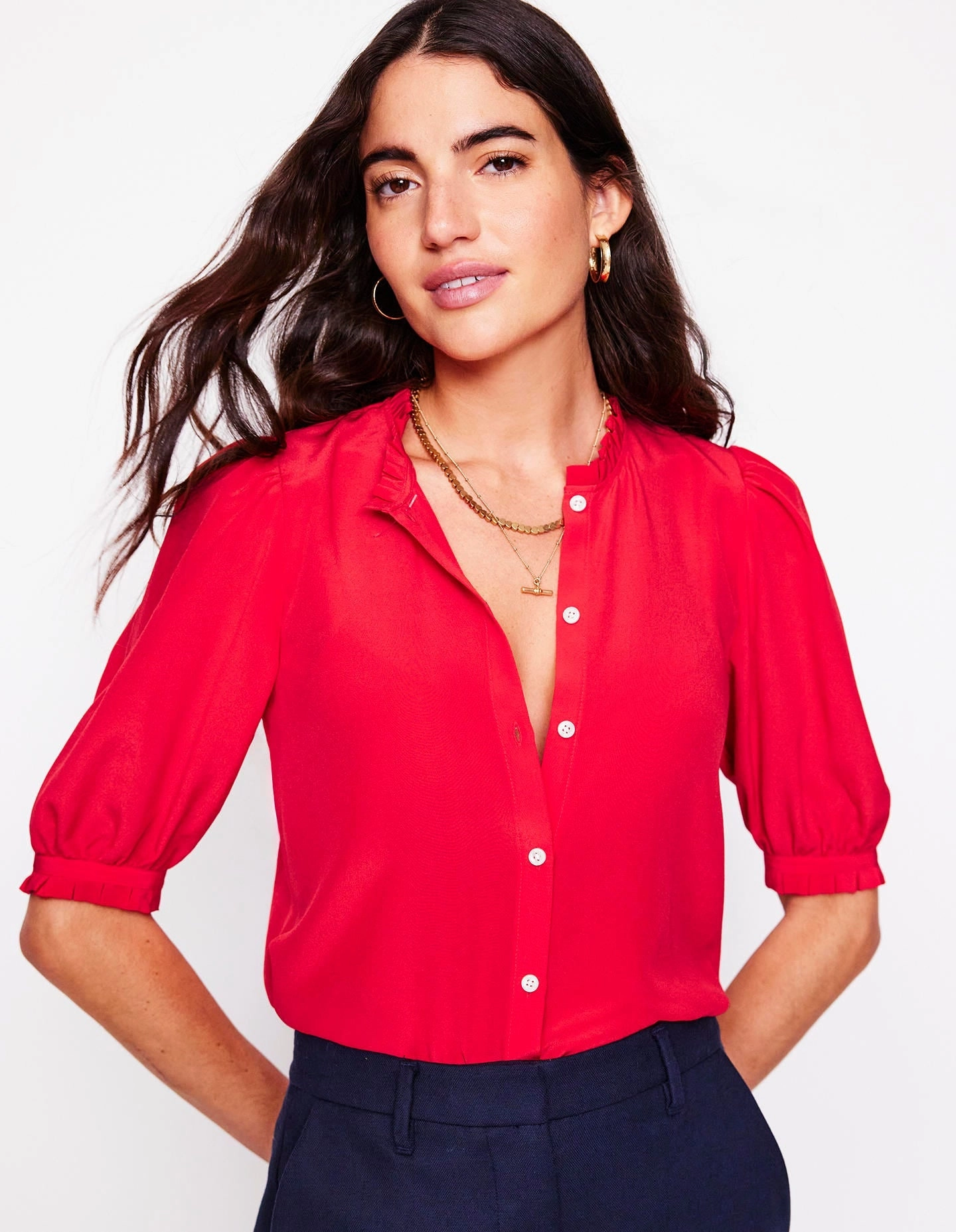 Frill Detail Silk Top-Poppy Red Breathable Linen Blend RubberizedGrip