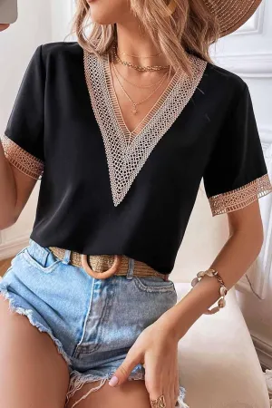 V NECK LACE POINT SHORT SLEEVE TOP Two Tone Weave Sleeveless Top