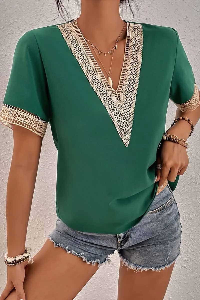 Hidden Button Placket Durable Color Retention V NECK LACE POINT SHORT SLEEVE TOP