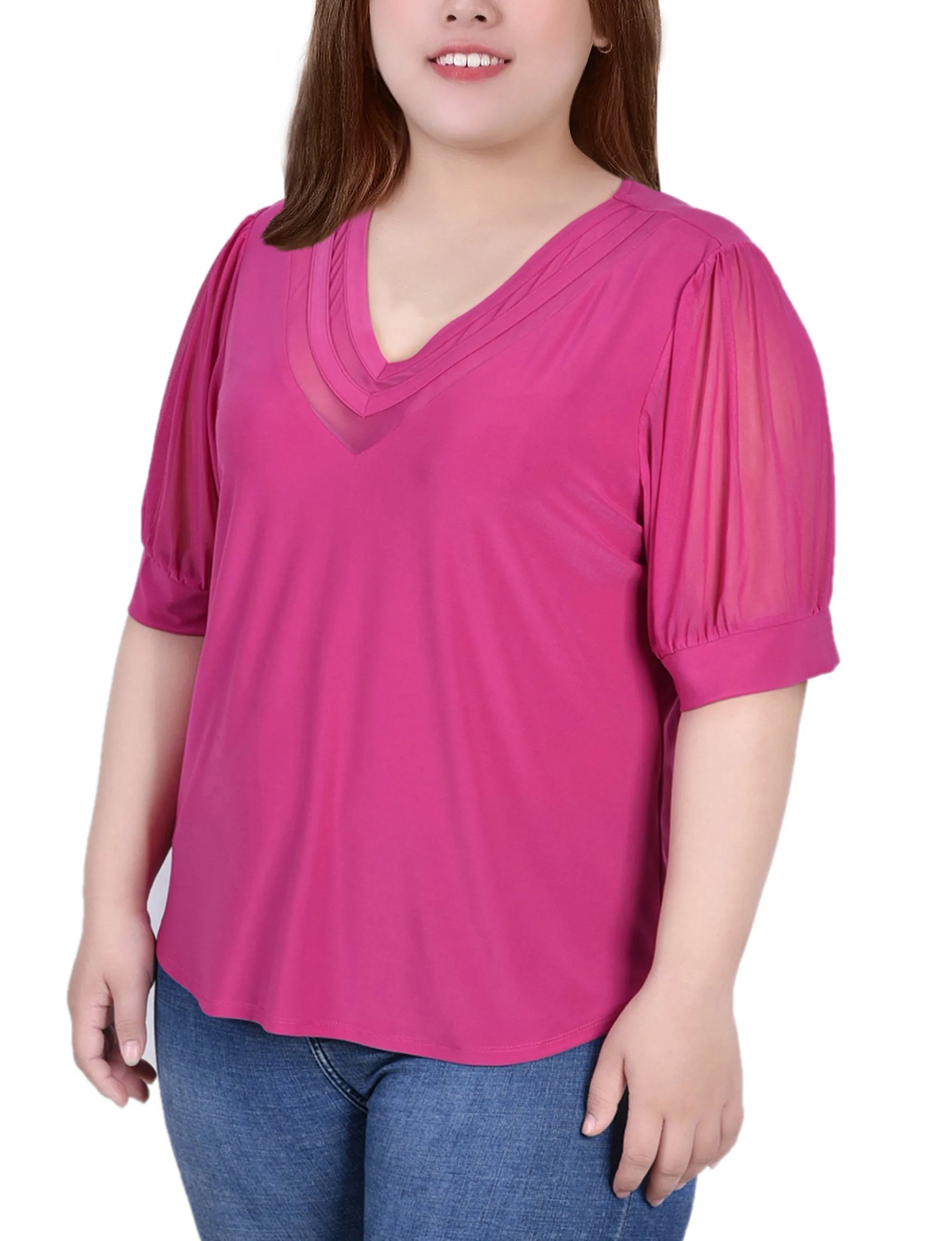 ReflectiveTrims Plus Size Short Puff Sleeve V Neck Top