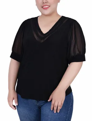 Plus Size Short Puff Sleeve V Neck Top LongWearingComfort