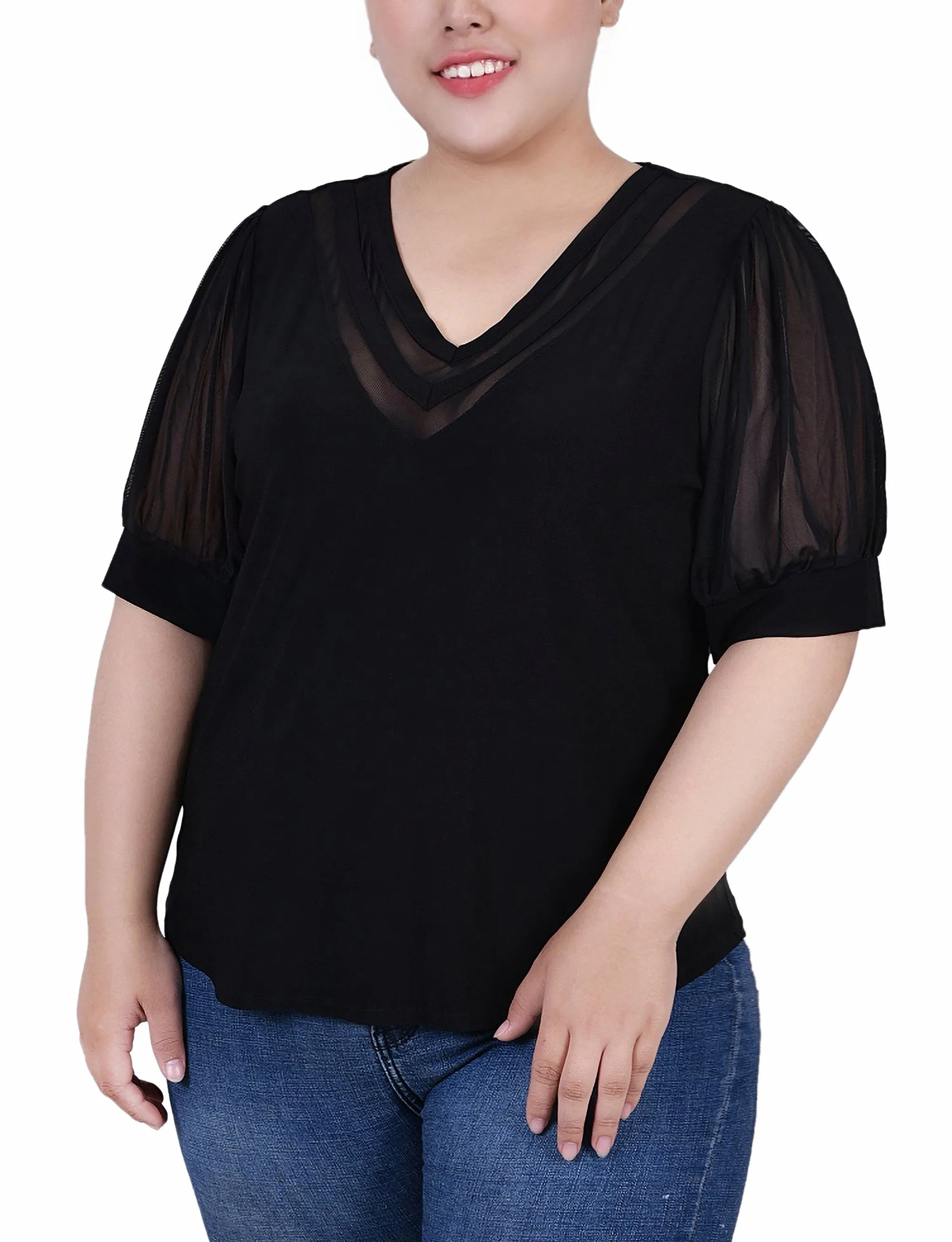 Plus Size Short Puff Sleeve V Neck Top VNeckline