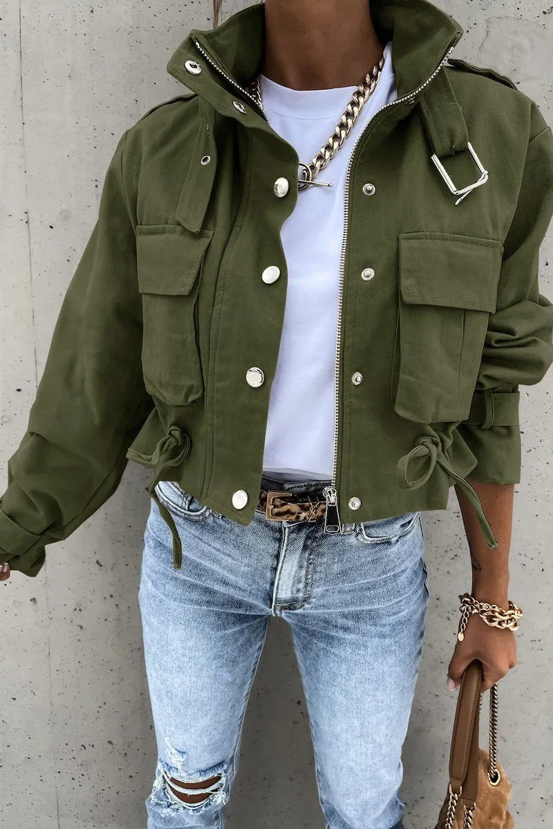 WOMEN OVERSIZED POCKET MOTORCYCLE JACKET SHORT TOP100% POLYESTERSIZE S(2)-M(2)-L(2)-XL(2)MADE IN CHINA Tagless Collar Fashionable Look