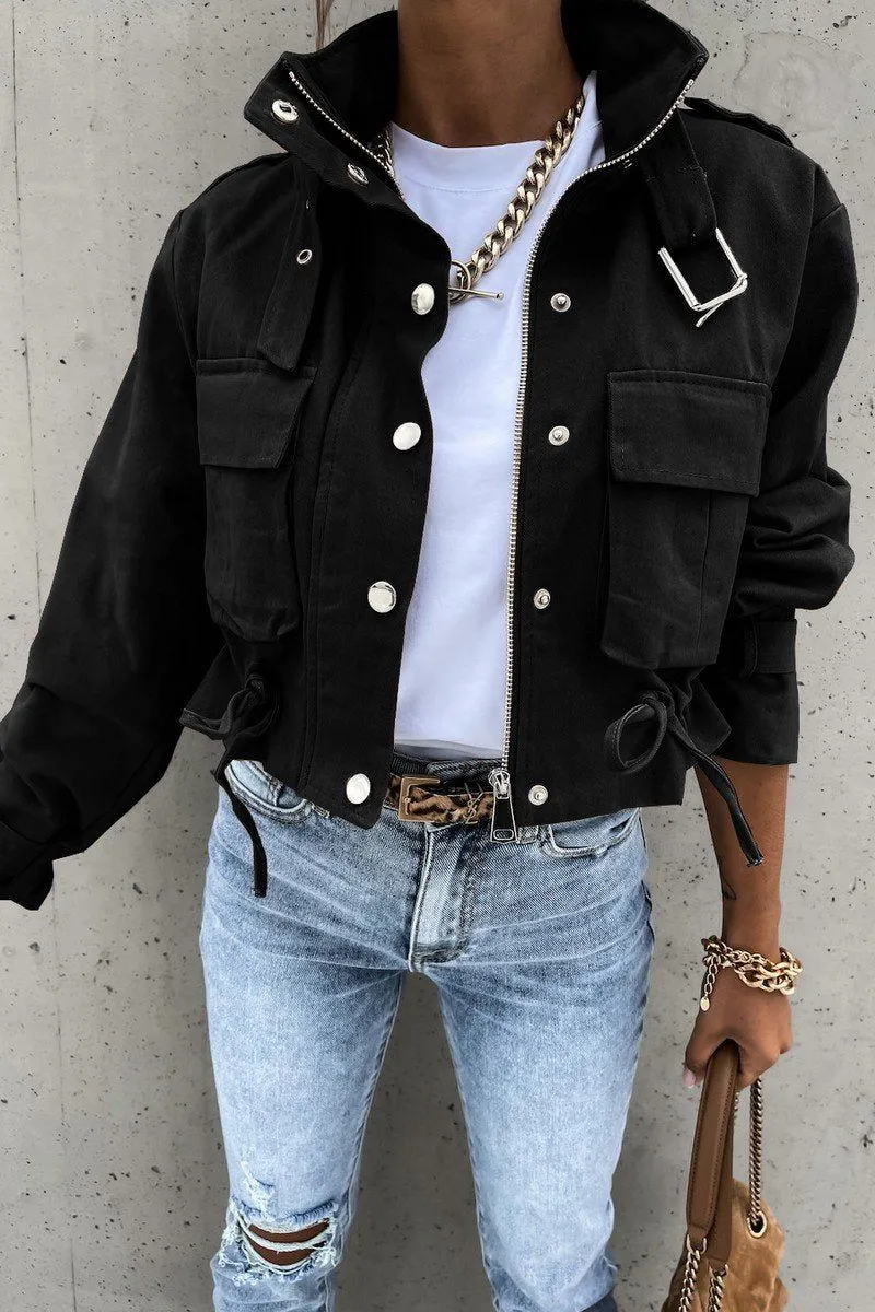 WOMEN OVERSIZED POCKET MOTORCYCLE JACKET SHORT TOP100% POLYESTERSIZE S(2)-M(2)-L(2)-XL(2)MADE IN CHINA Bohemian style TexturedSurface