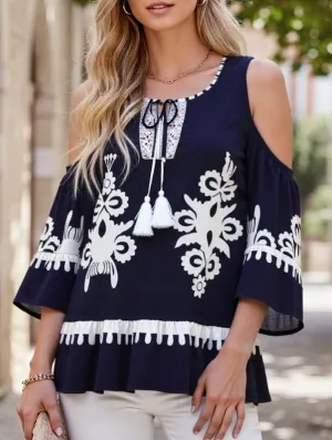 Lace Patchwork Fringe Lace-Up Shirt ?C Boho Viscose Blouse for Women NonIrritatingSeams Taped Neckline