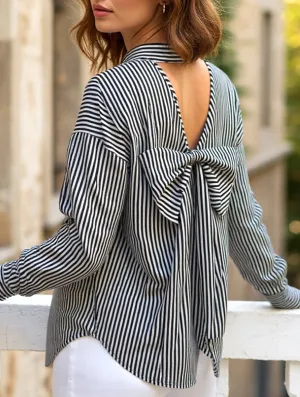 Athletic Wear A striped printed long-sleeved shirt with a bow