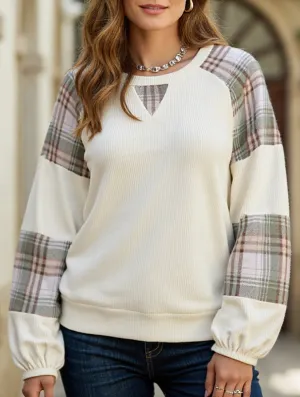 PLAID COLOR CONTRAST PATCHWORK ROUND NECK HOODIE Formal Blouse VentilatedBackPanel