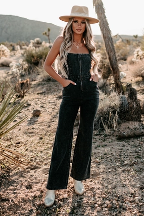 Hitting The Highlights Open Back Denim Jumpsuit (Black) ConvertibleSleeves Non Chafe Armholes