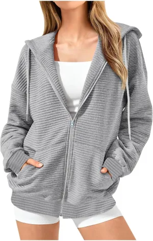 hlysgo Zip Up Hoodies for Women, Fall Fashion Zip Up Hooded Sweatshirt Jacket with Pockets Casual Loose Quilted Outwear