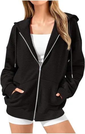 hlysgo Zip Up Hoodies for Women, Fall Fashion Zip Up Hooded Sweatshirt Jacket with Pockets Casual Loose Quilted Outwear