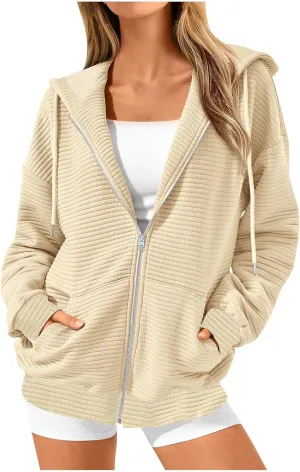hlysgo Zip Up Hoodies for Women, Fall Fashion Zip Up Hooded Sweatshirt Jacket with Pockets Casual Loose Quilted Outwear