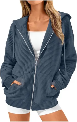 hlysgo Zip Up Hoodies for Women, Fall Fashion Zip Up Hooded Sweatshirt Jacket with Pockets Casual Loose Quilted Outwear