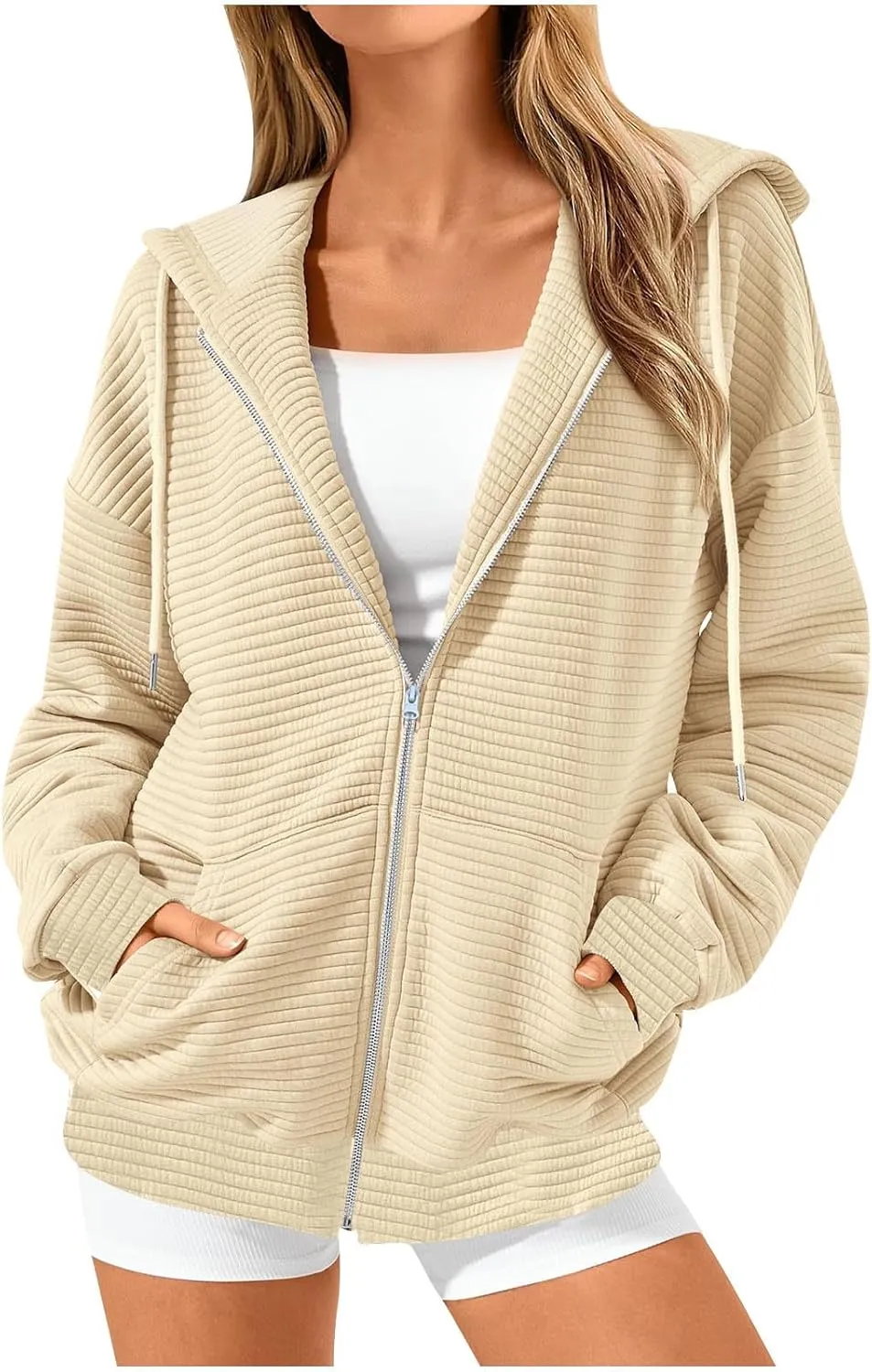 hlysgo Zip Up Hoodies for Women, Fall Fashion Zip Up Hooded Sweatshirt Jacket with Pockets Casual Loose Quilted Outwear