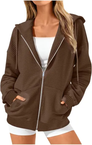 hlysgo Zip Up Hoodies for Women, Fall Fashion Zip Up Hooded Sweatshirt Jacket with Pockets Casual Loose Quilted Outwear