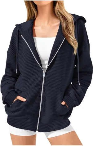 hlysgo Zip Up Hoodies for Women, Fall Fashion Zip Up Hooded Sweatshirt Jacket with Pockets Casual Loose Quilted Outwear